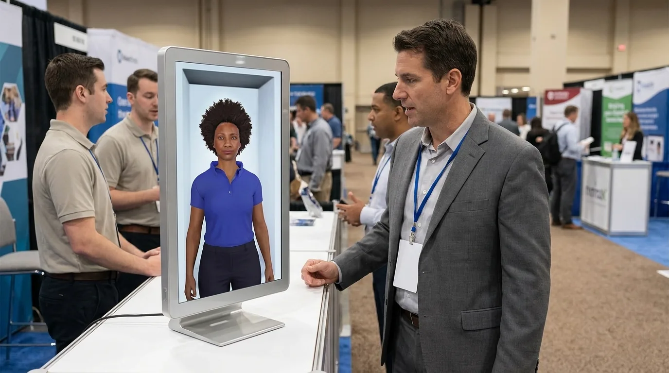Illustration: a busy trade show booth where a visitor talks to a digital human on a counter display while reps talk with other visitors