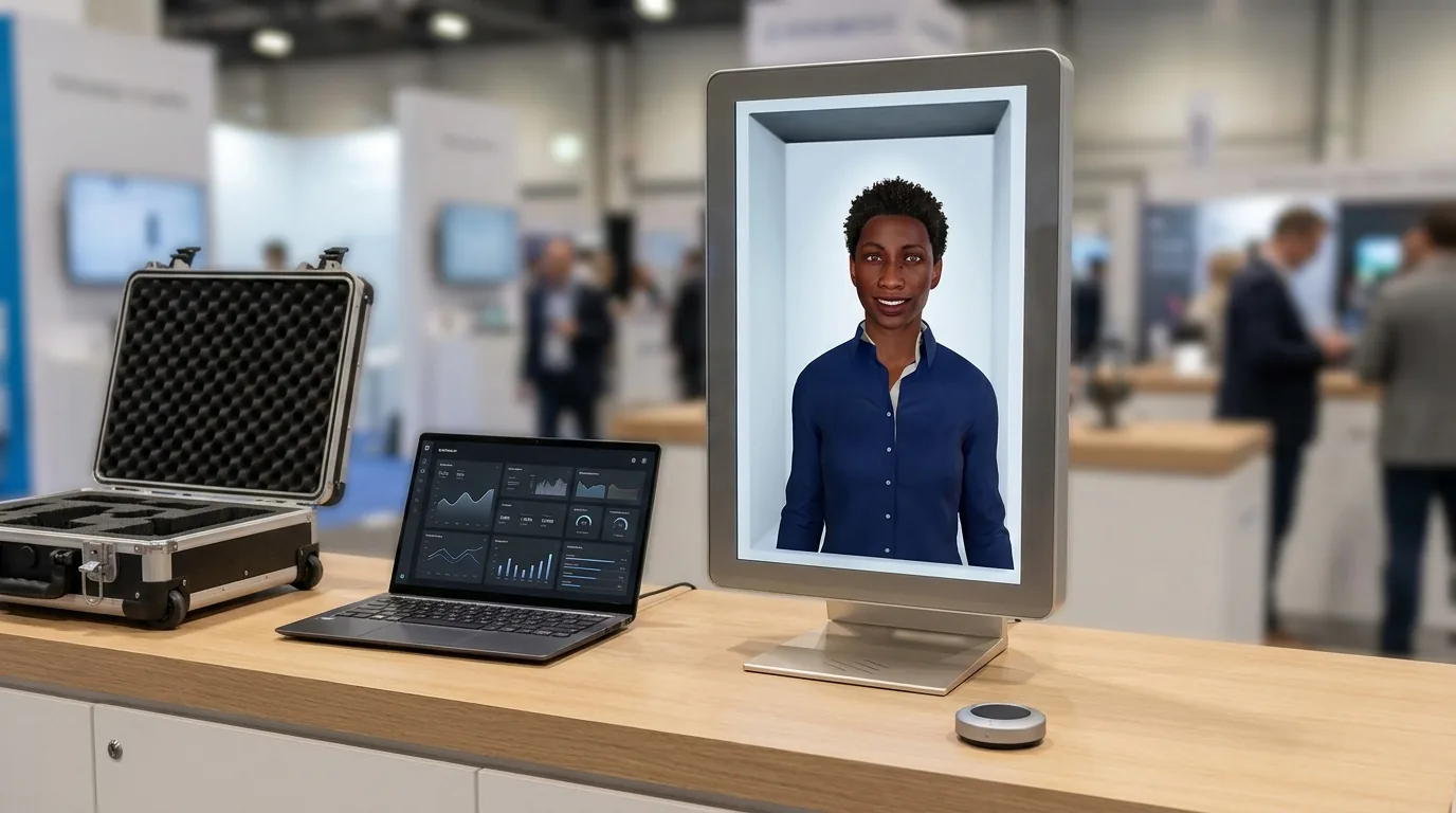 Illustration: the full kit on a table: the holographic display with the digital human, a laptop showing the platform dashboard, a speaker puck, and an open rolling case