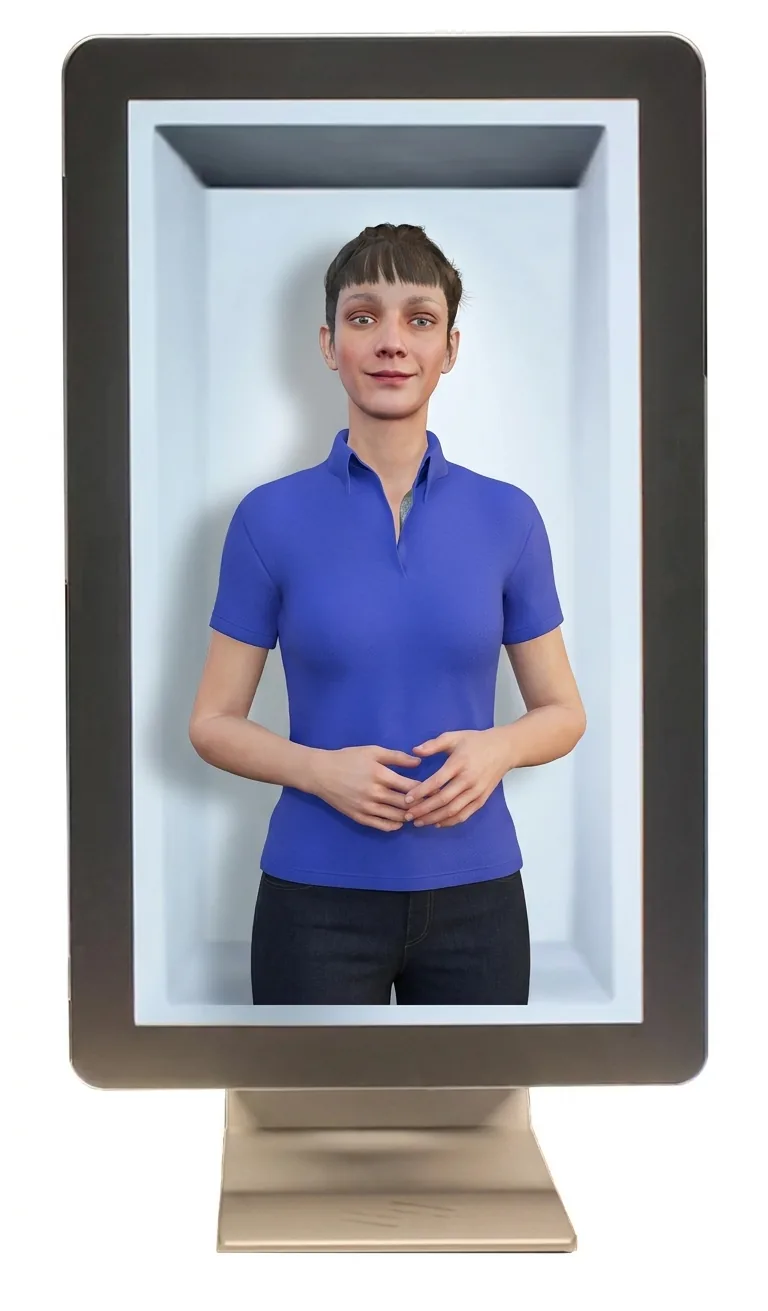 Illustration: a P3 digital human greets visitors from inside a 27-inch holographic display