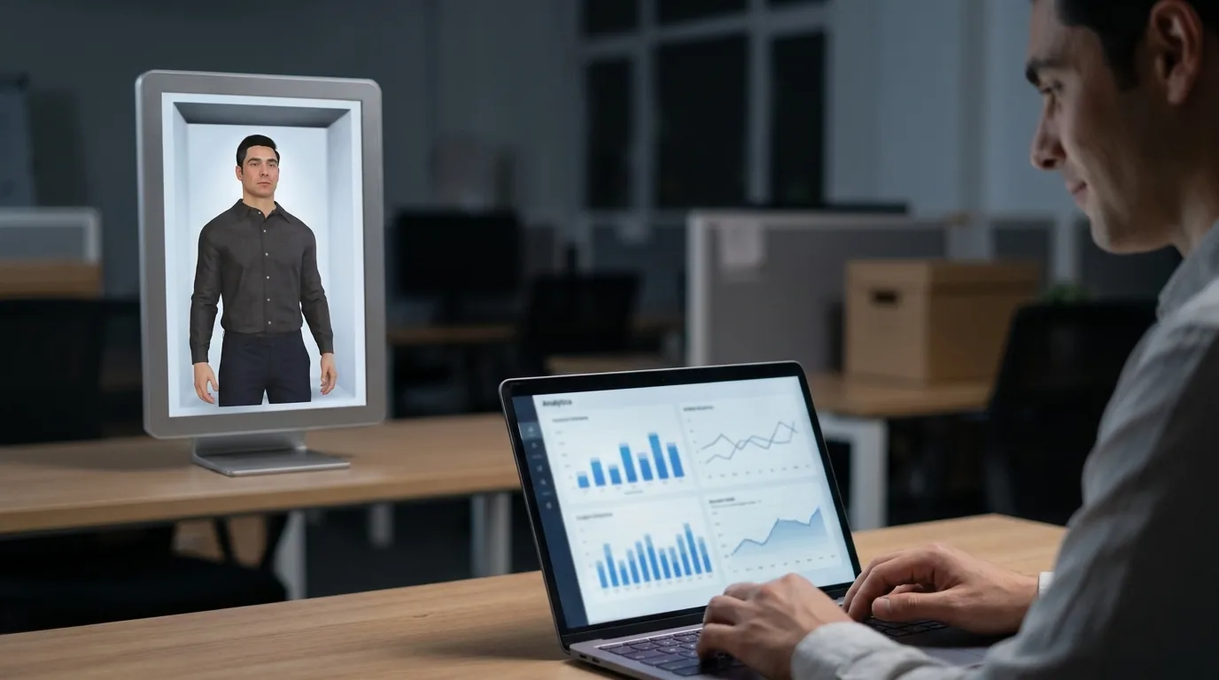 Illustration: a marketer reviews conversation charts on a laptop after the show, with the digital human idle on its display behind