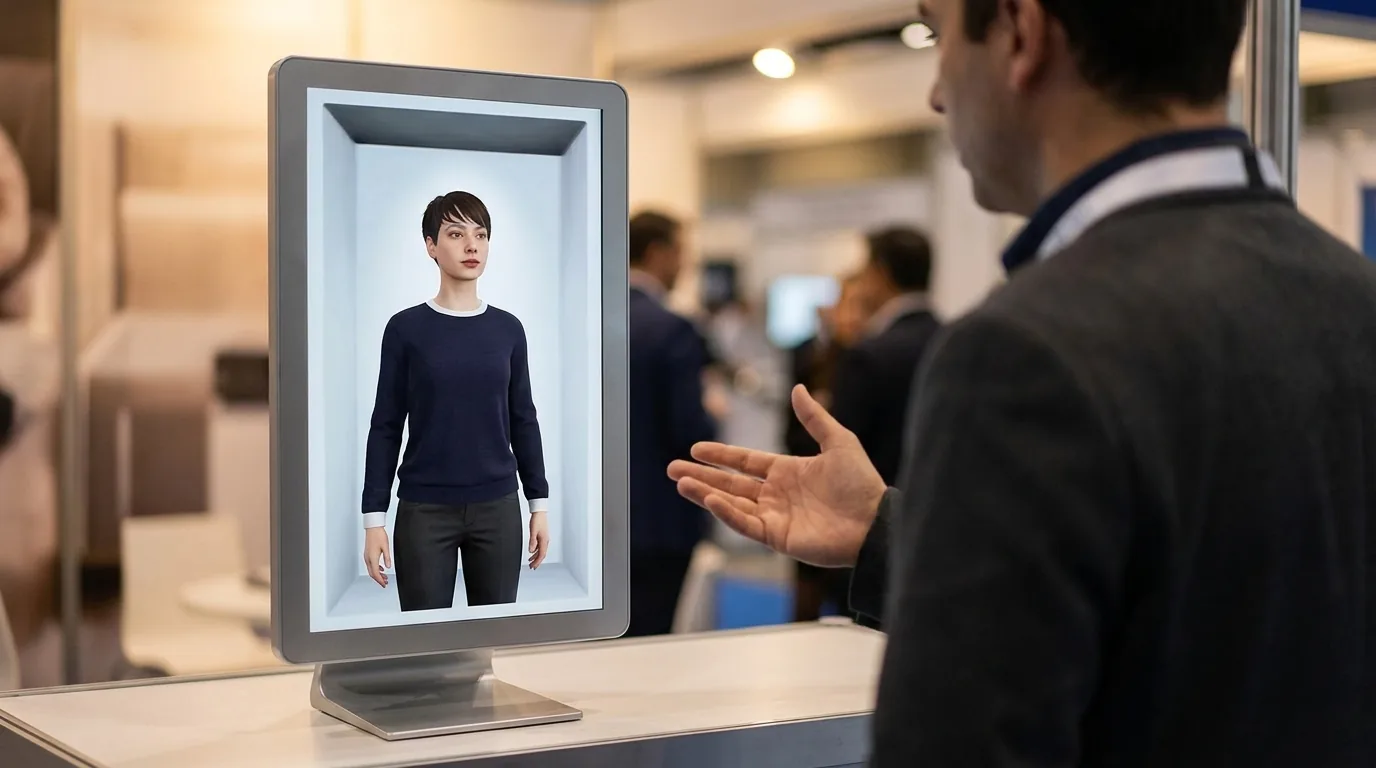 Illustration: over the shoulder of a visitor asking the digital human a question at a trade show booth